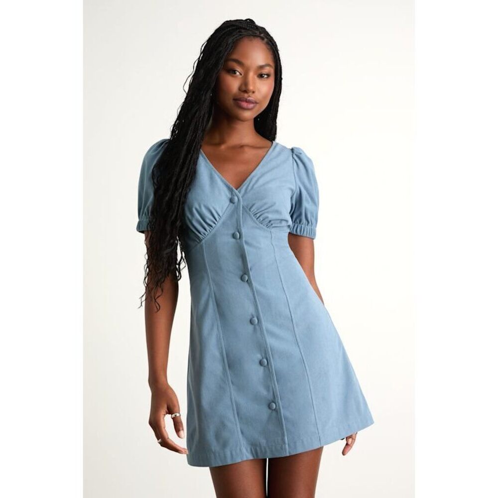 Lulus Adored Cutie Light Blue Corduroy Button-front Mini Dress - Size M